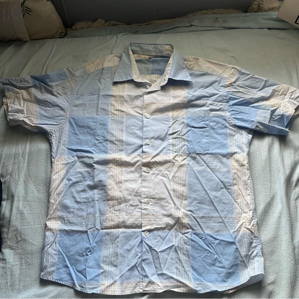 Men's Light Blue and White Plaid Shirt